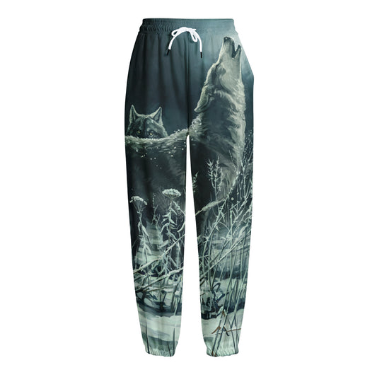 Howling Snowy Wolf Painting Print Fleece Lined Knit Pants