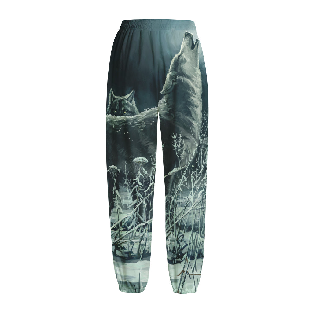 Howling Snowy Wolf Painting Print Fleece Lined Knit Pants