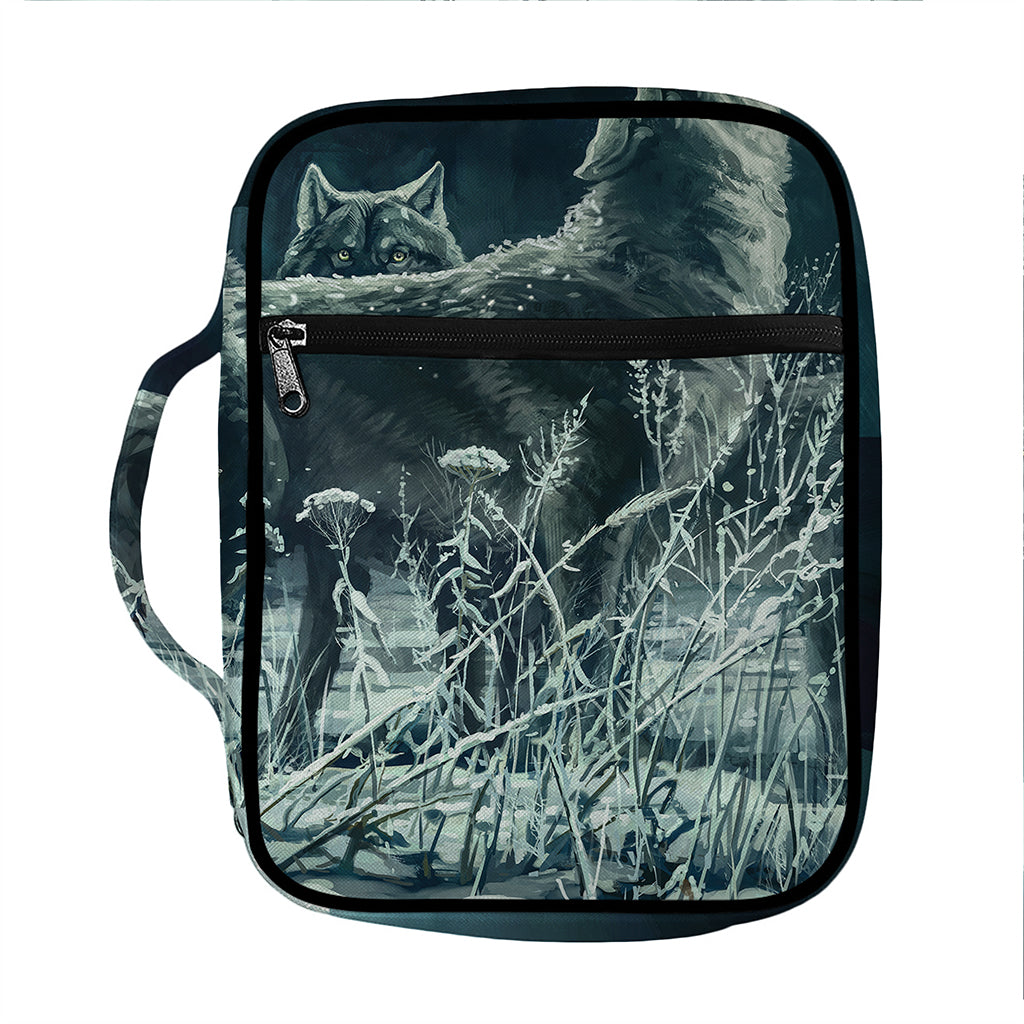 Howling Snowy Wolf Painting Print Front Pocket Bible Bag
