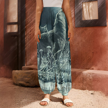 Howling Snowy Wolf Painting Print Harem Pants