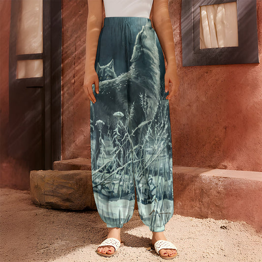 Howling Snowy Wolf Painting Print Harem Pants