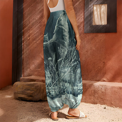 Howling Snowy Wolf Painting Print Harem Pants