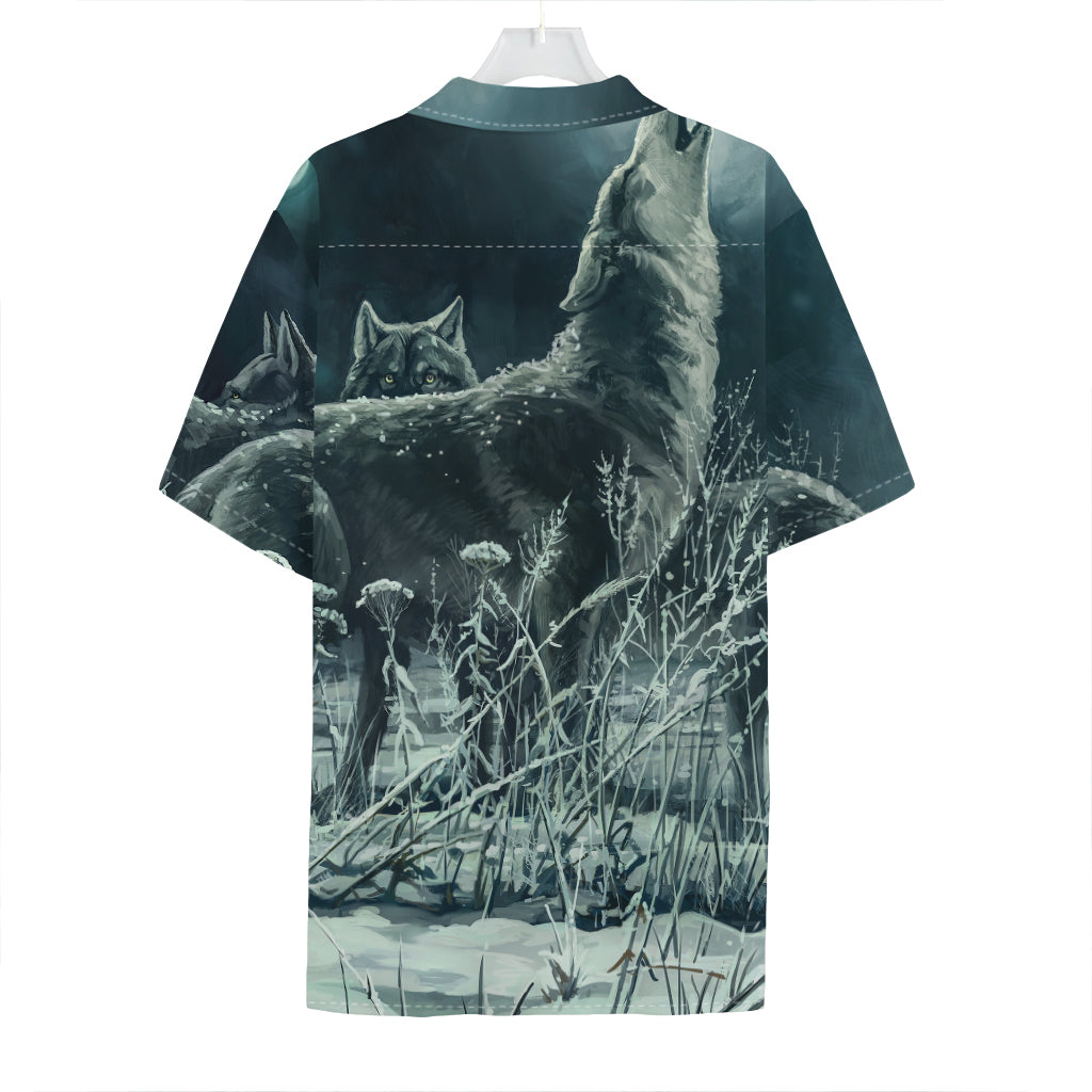 Howling Snowy Wolf Painting Print Hawaiian Shirt