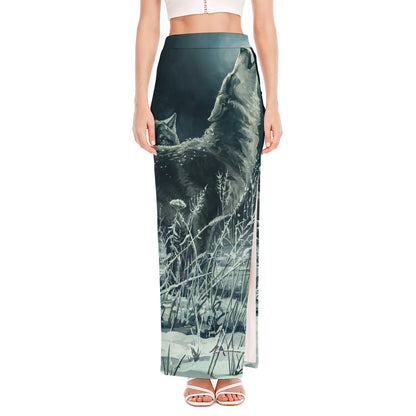 Howling Snowy Wolf Painting Print High Slit Maxi Skirt