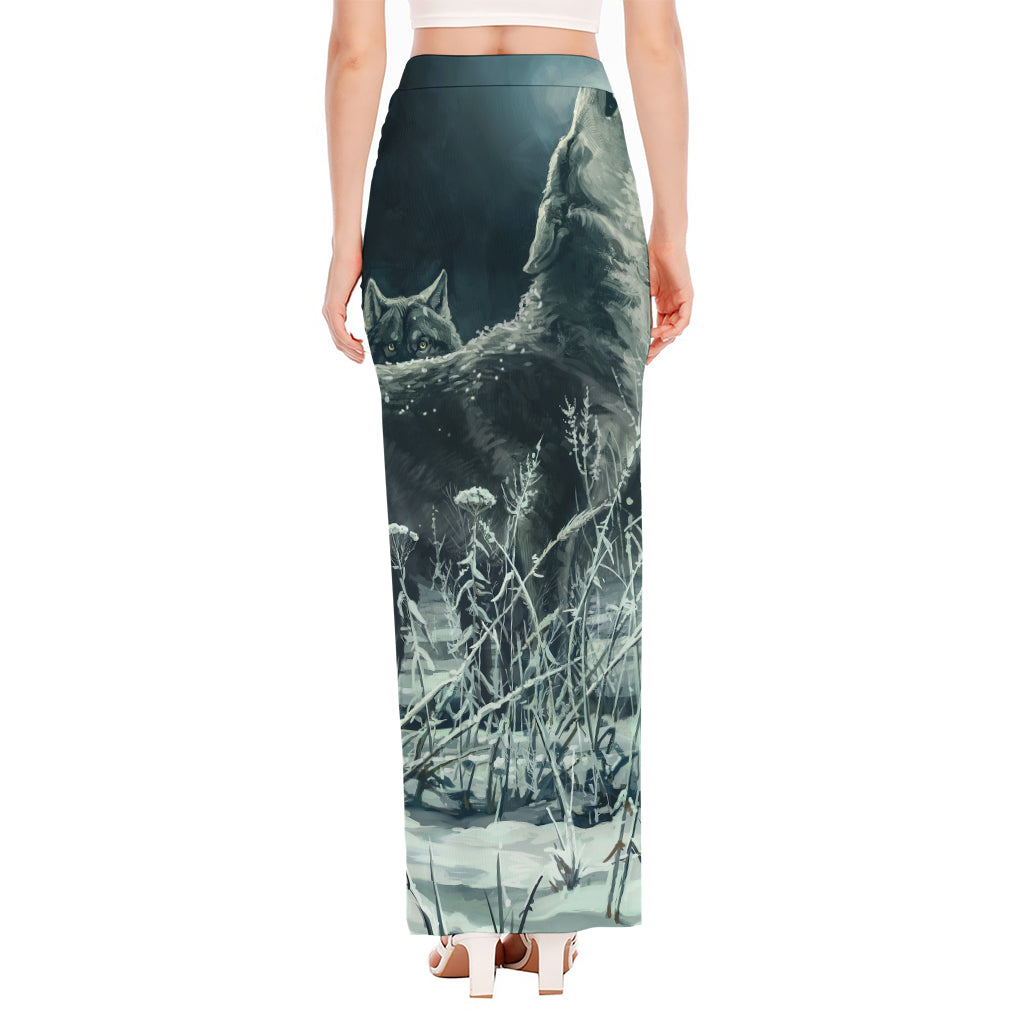 Howling Snowy Wolf Painting Print High Slit Maxi Skirt