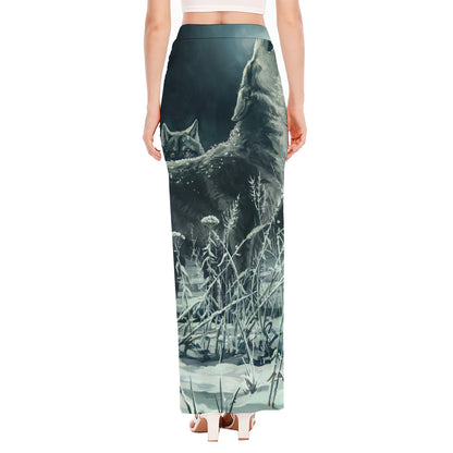 Howling Snowy Wolf Painting Print High Slit Maxi Skirt