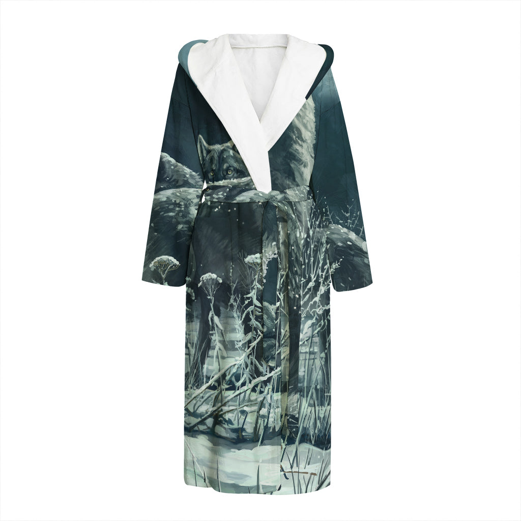 Howling Snowy Wolf Painting Print Hooded Bathrobe