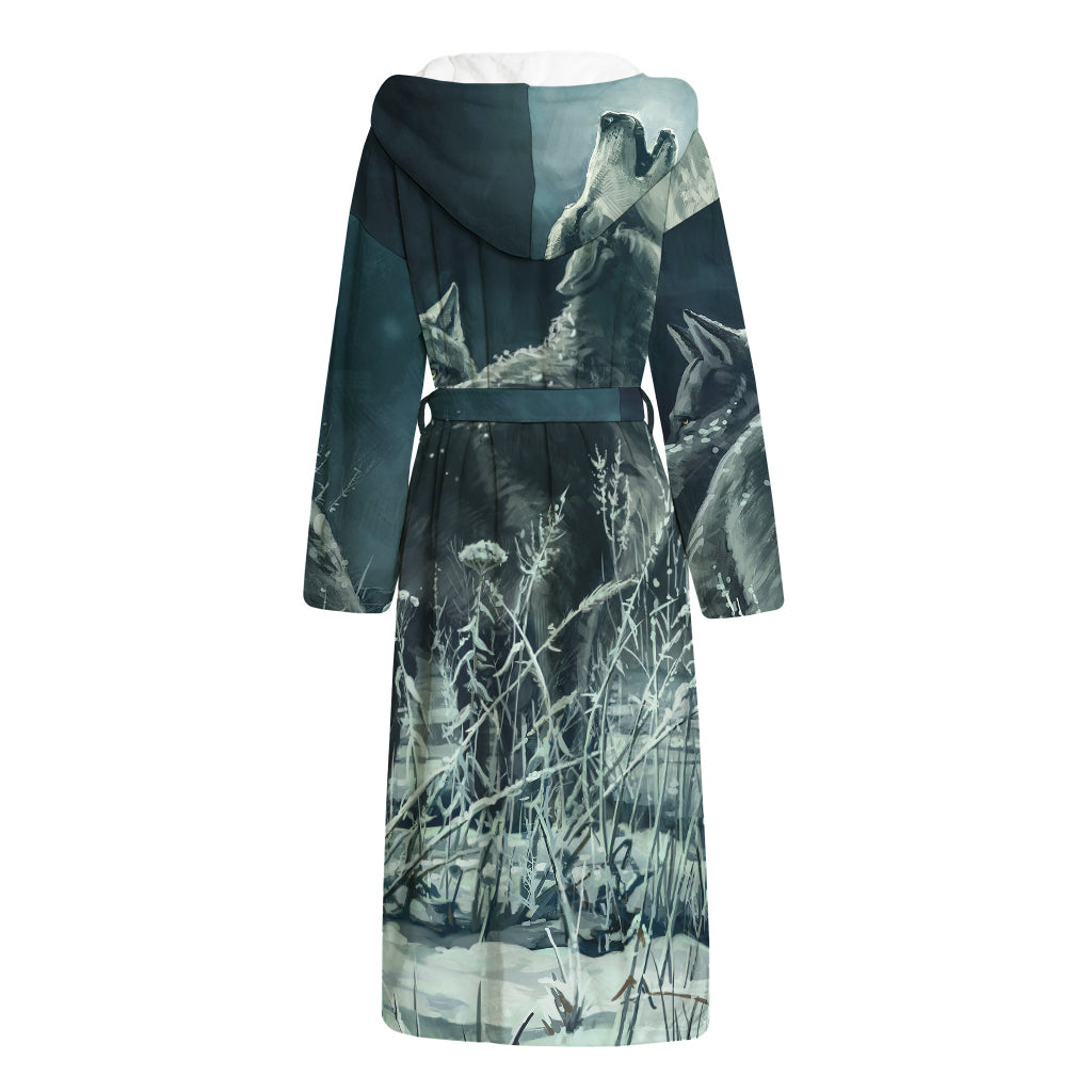Howling Snowy Wolf Painting Print Hooded Bathrobe