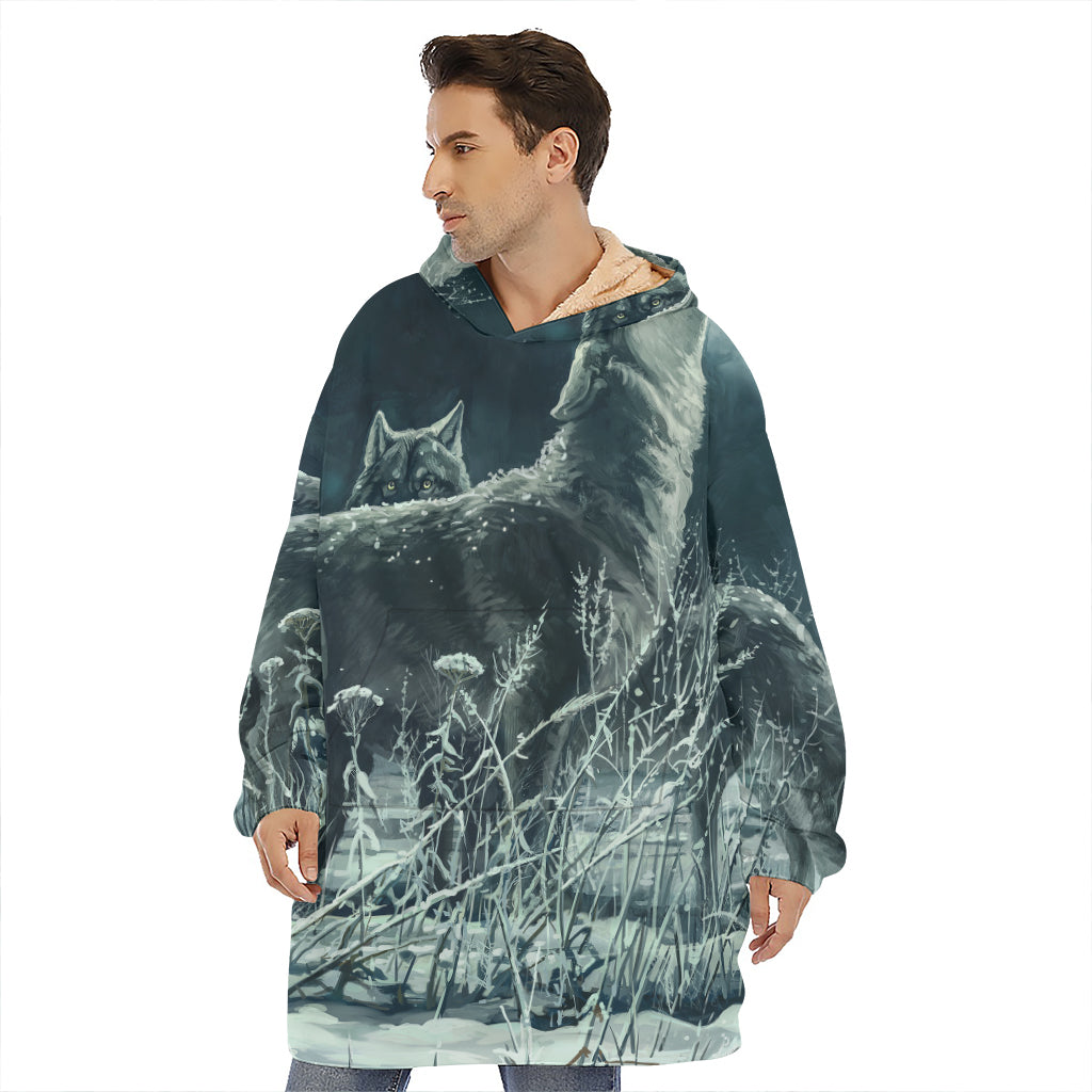 Howling Snowy Wolf Painting Print Hoodie Blanket