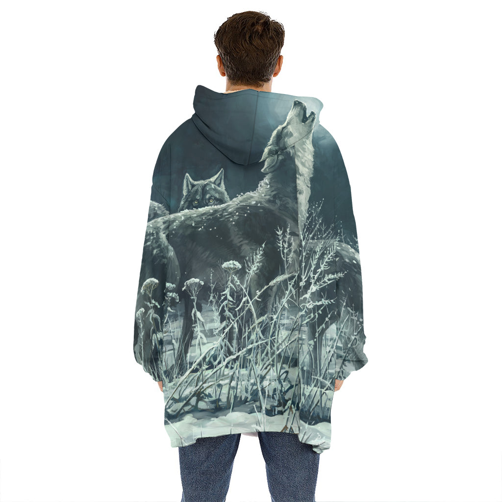 Howling Snowy Wolf Painting Print Hoodie Blanket