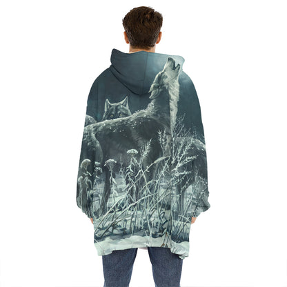 Howling Snowy Wolf Painting Print Hoodie Blanket