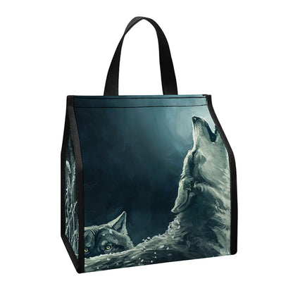 Howling Snowy Wolf Painting Print Insulated Lunch Tote