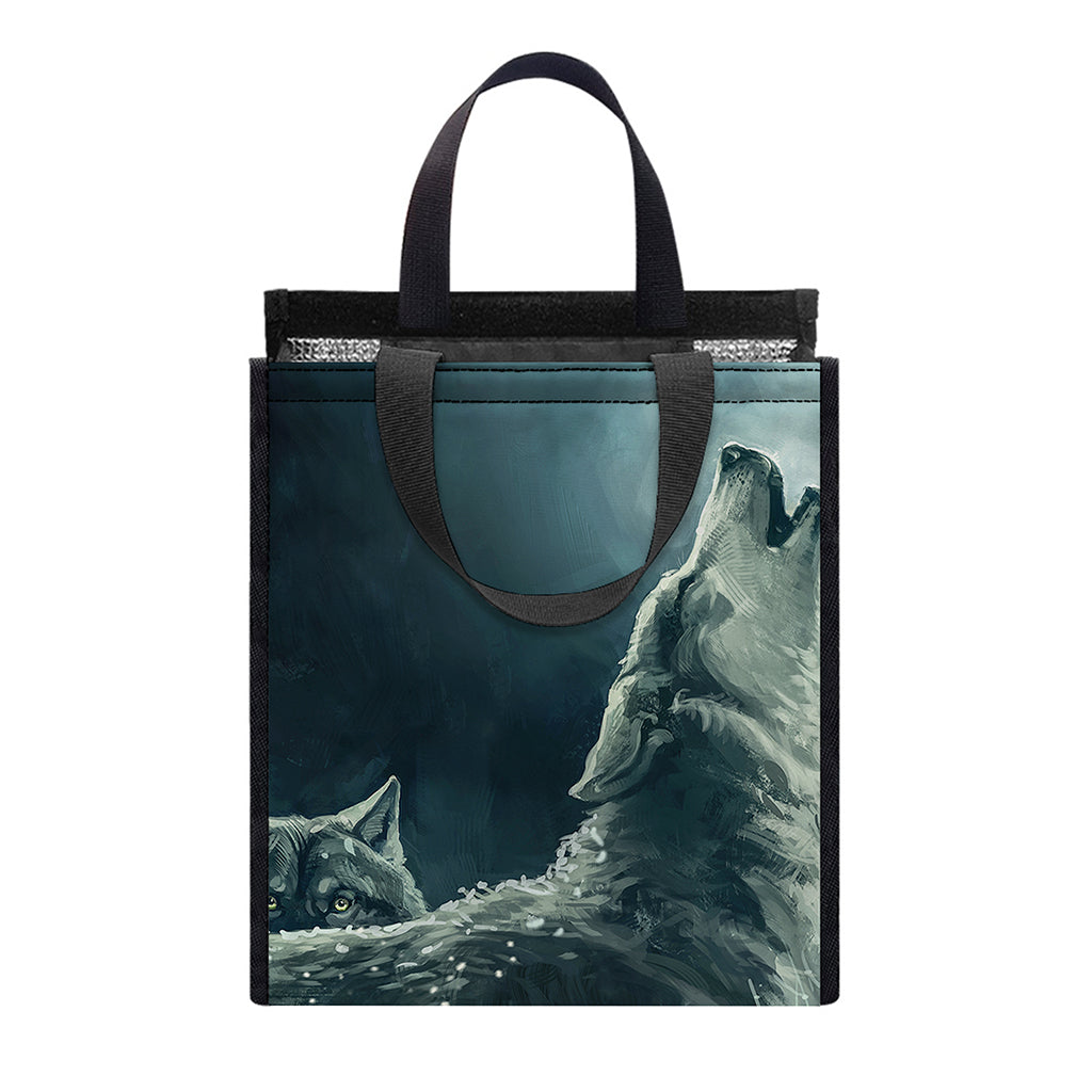 Howling Snowy Wolf Painting Print Insulated Lunch Tote