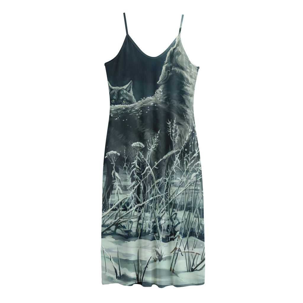Howling Snowy Wolf Painting Print Jersey Midi Cami Dress