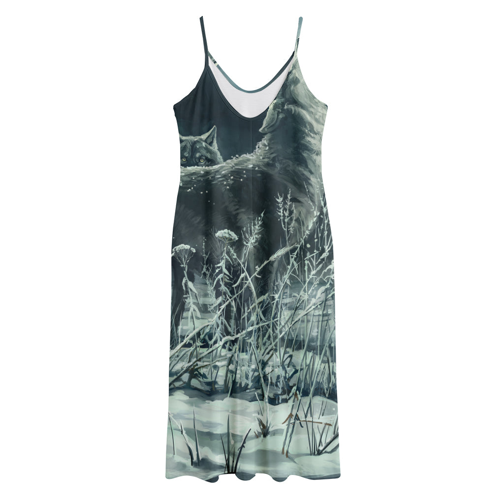 Howling Snowy Wolf Painting Print Jersey Midi Cami Dress
