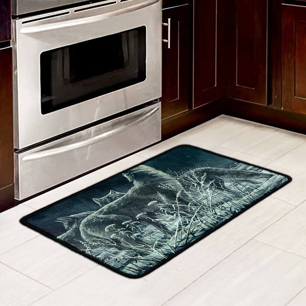 Howling Snowy Wolf Painting Print Kitchen Mat