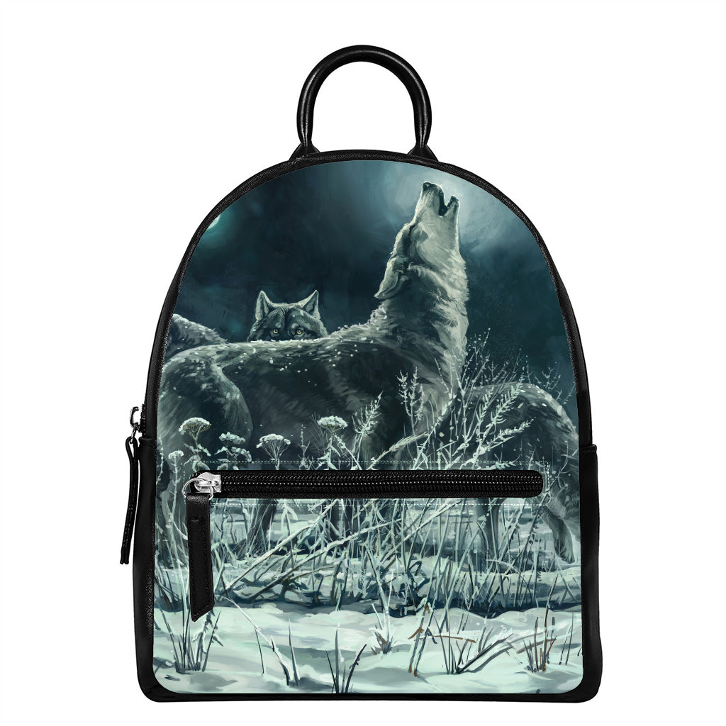 Howling Snowy Wolf Painting Print Leather Backpack