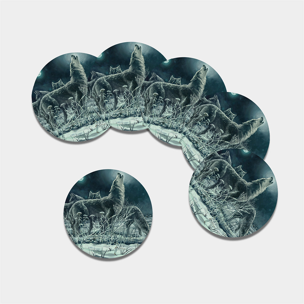 Howling Snowy Wolf Painting Print Leather Coaster Set