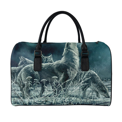 Howling Snowy Wolf Painting Print Leather Duffle Bag