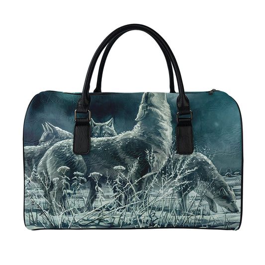 Howling Snowy Wolf Painting Print Leather Duffle Bag