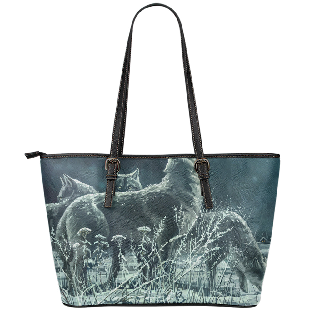 Howling Snowy Wolf Painting Print Leather Tote Bag