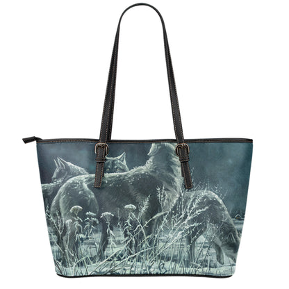 Howling Snowy Wolf Painting Print Leather Tote Bag