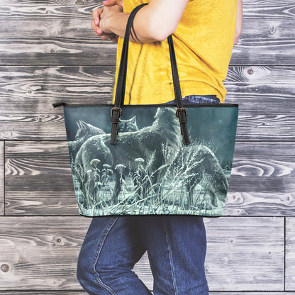 Howling Snowy Wolf Painting Print Leather Tote Bag