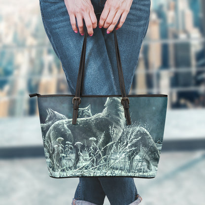 Howling Snowy Wolf Painting Print Leather Tote Bag