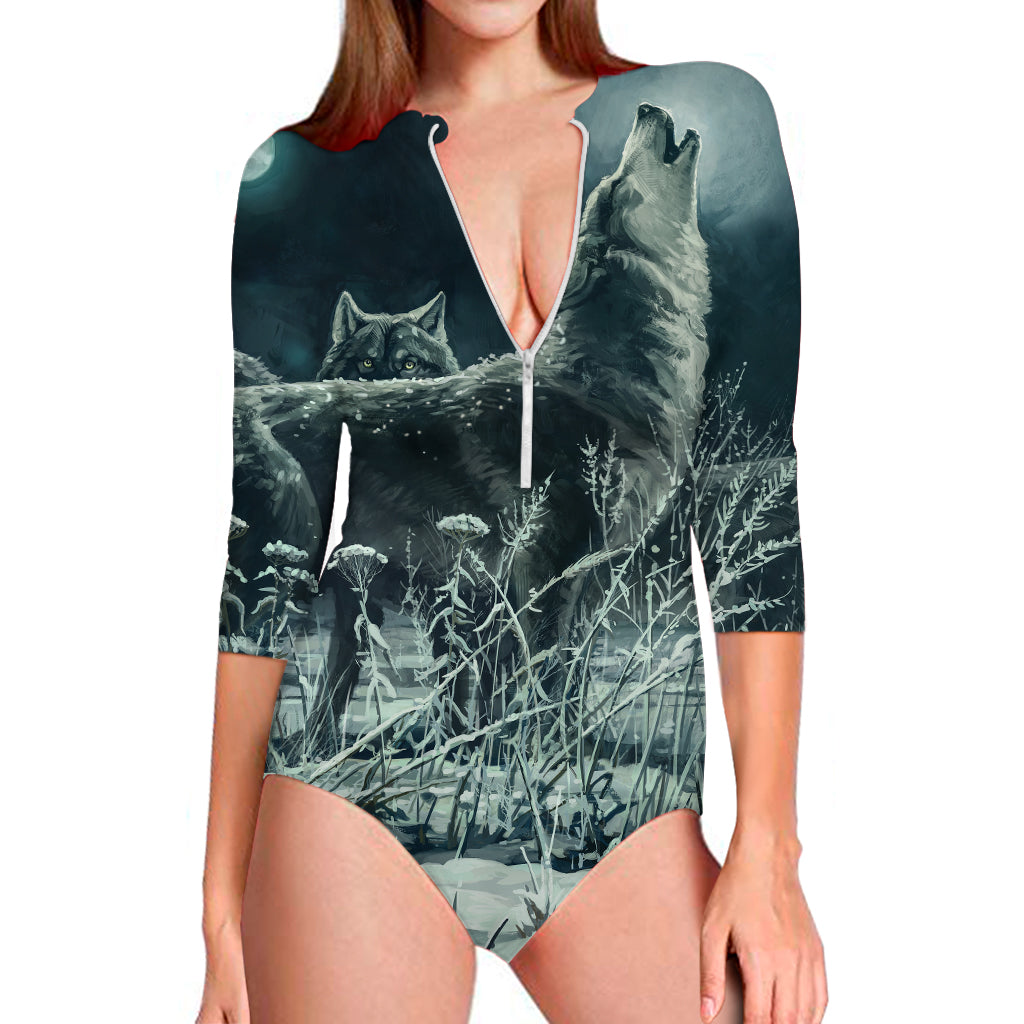 Howling Snowy Wolf Painting Print Long Sleeve Swimsuit