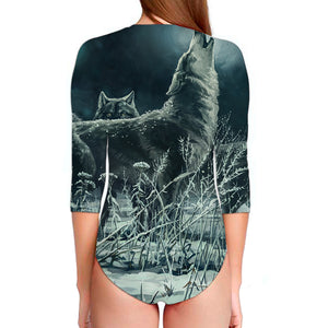 Howling Snowy Wolf Painting Print Long Sleeve Swimsuit