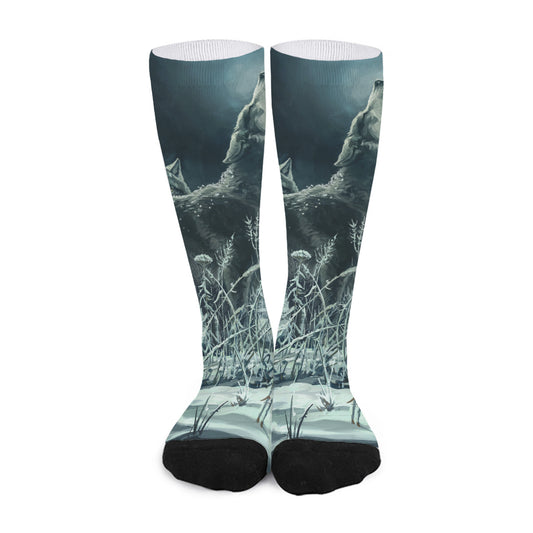 Howling Snowy Wolf Painting Print Long Socks
