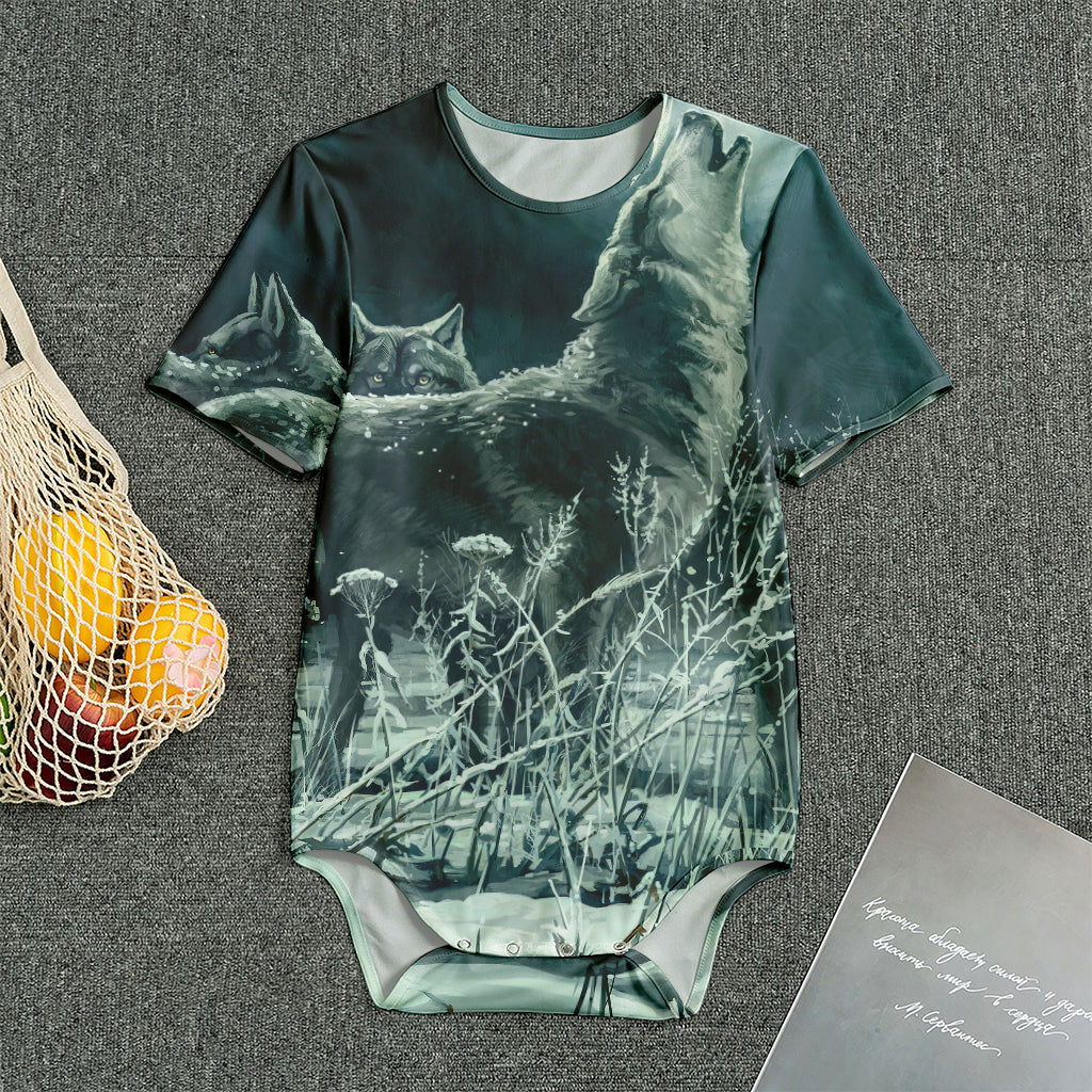 Howling Snowy Wolf Painting Print Men's Bodysuit