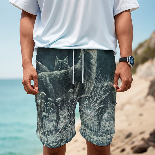 Howling Snowy Wolf Painting Print Men's Cargo Shorts