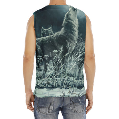 Howling Snowy Wolf Painting Print Men's Fitness Tank Top