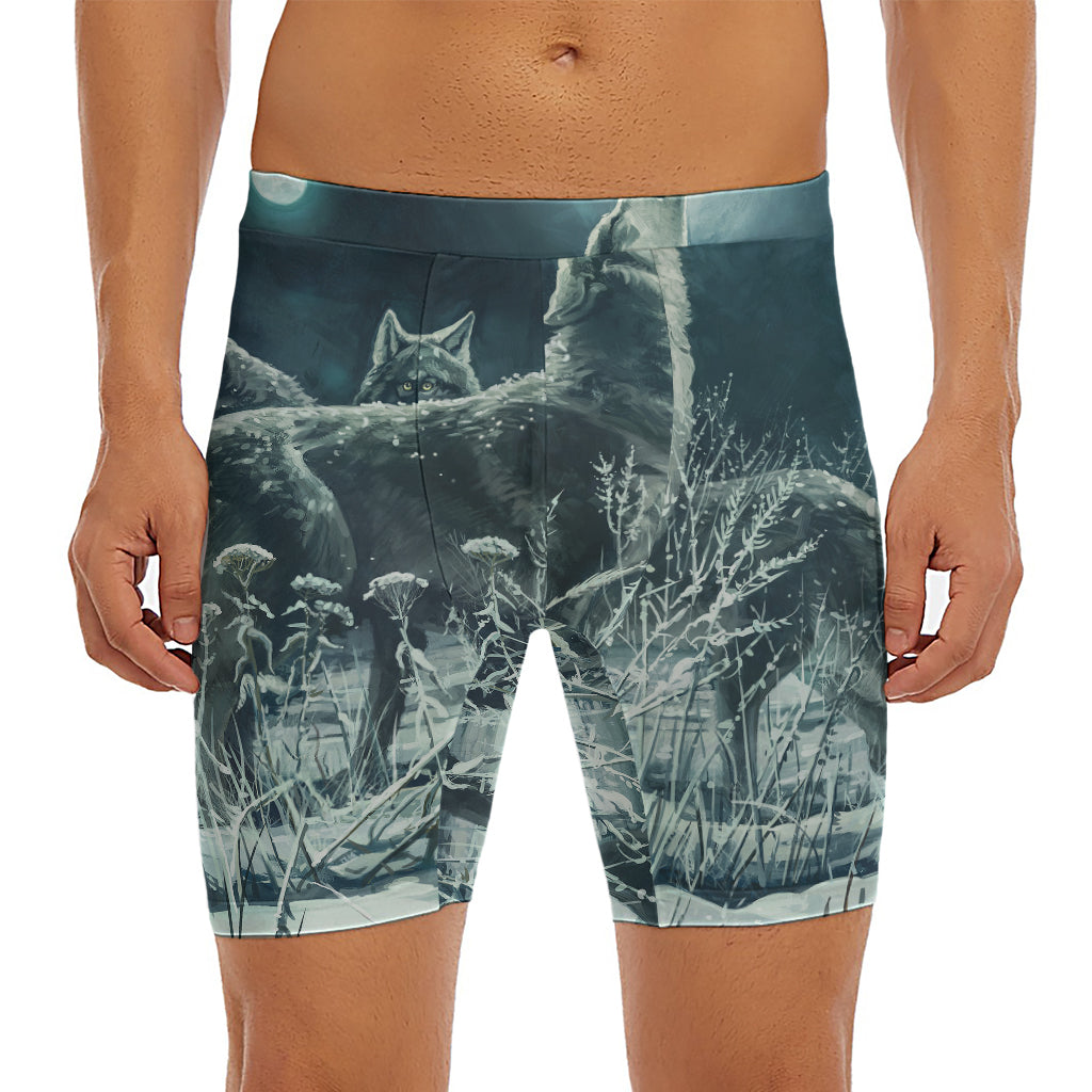 Howling Snowy Wolf Painting Print Men's Long Boxer Briefs