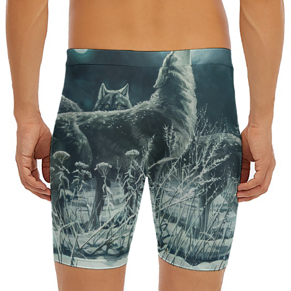 Howling Snowy Wolf Painting Print Men's Long Boxer Briefs