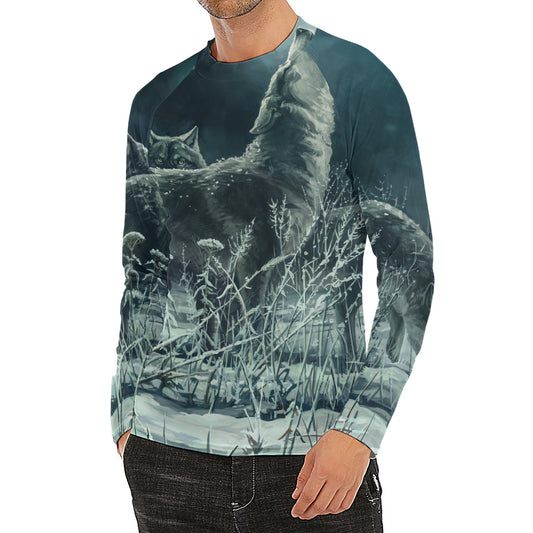 Howling Snowy Wolf Painting Print Men's Long Sleeve Rash Guard