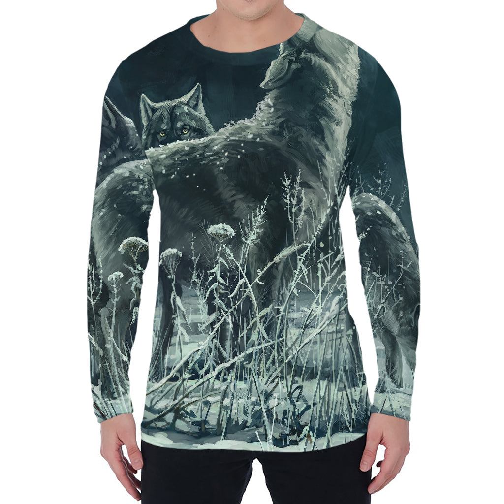 Howling Snowy Wolf Painting Print Men's Long Sleeve T-Shirt