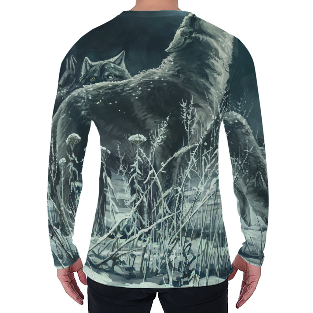 Howling Snowy Wolf Painting Print Men's Long Sleeve T-Shirt