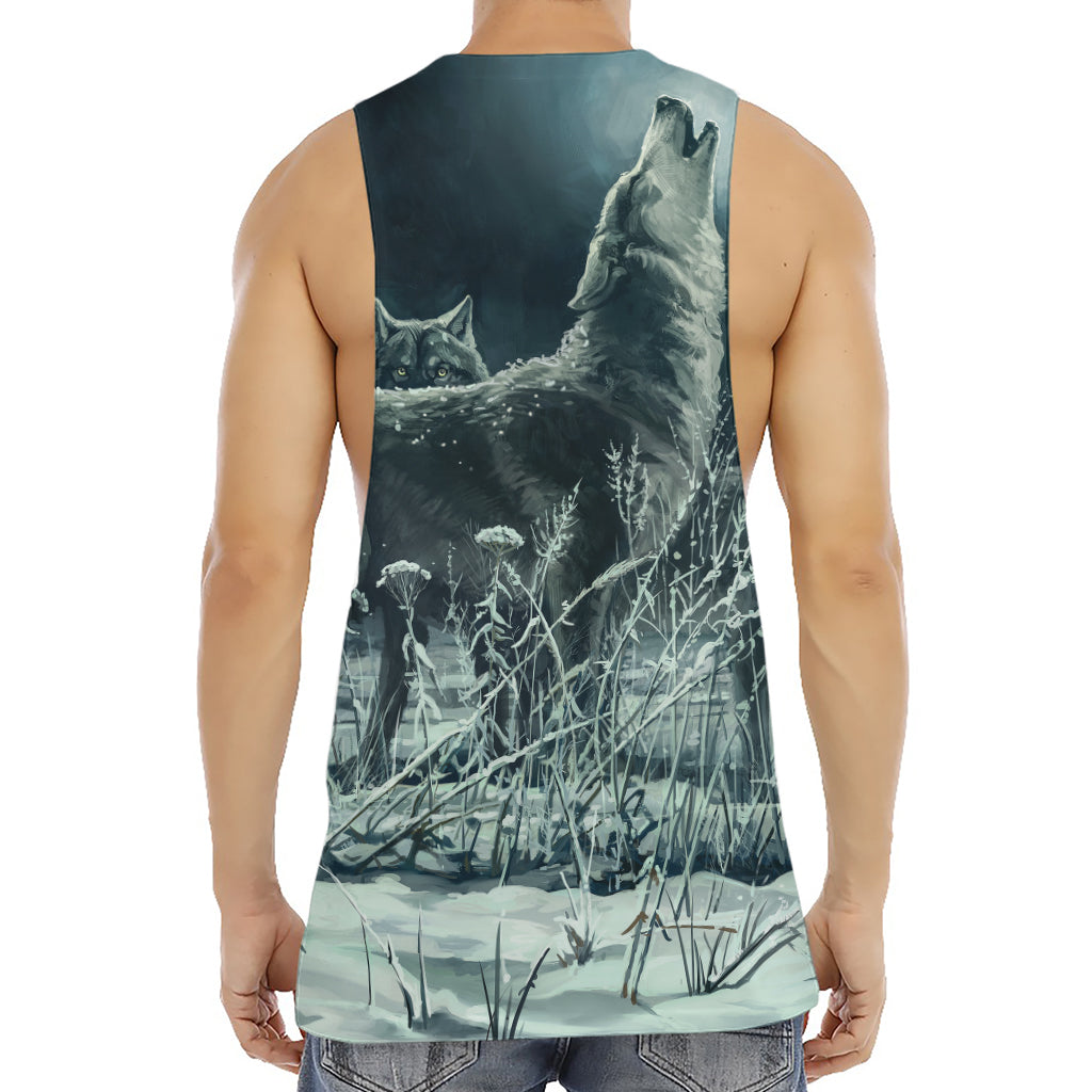 Howling Snowy Wolf Painting Print Men's Muscle Tank Top