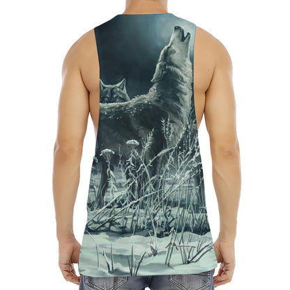 Howling Snowy Wolf Painting Print Men's Muscle Tank Top