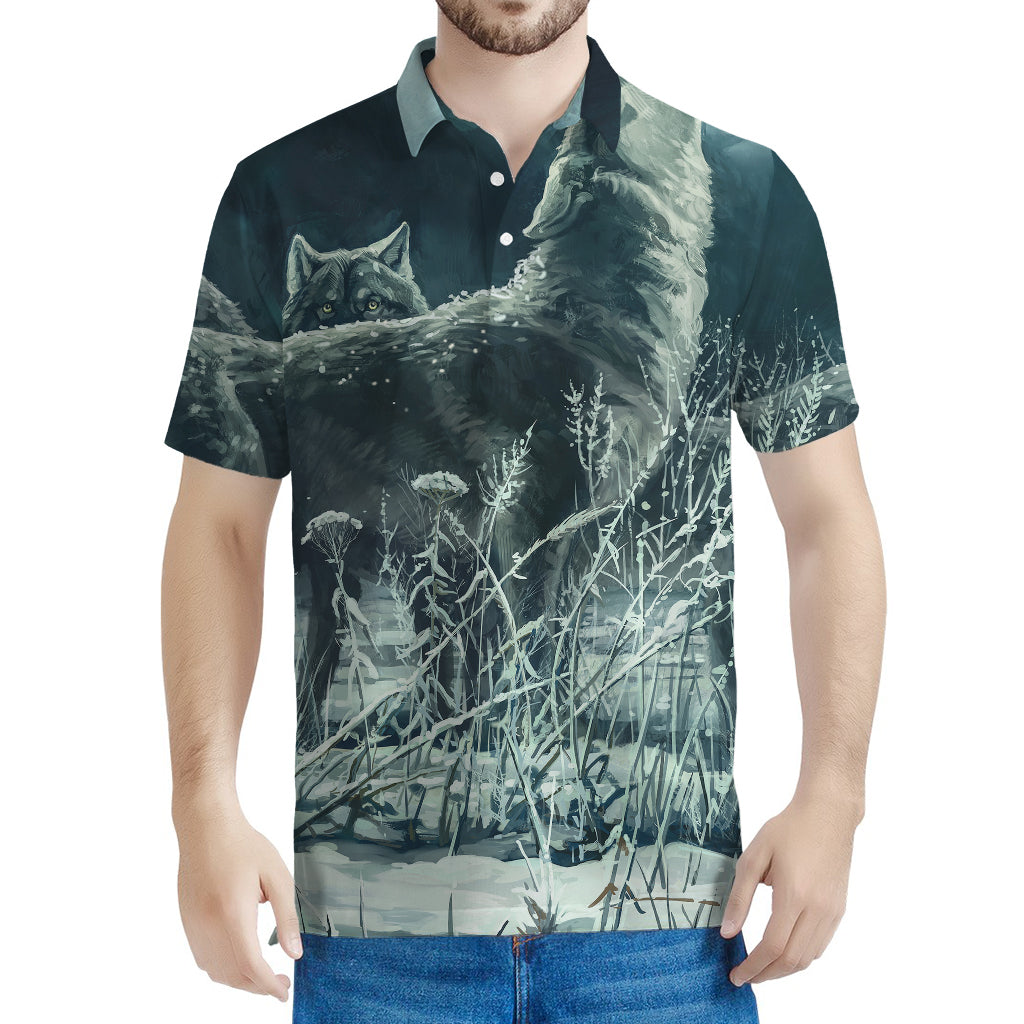 Howling Snowy Wolf Painting Print Men's Polo Shirt