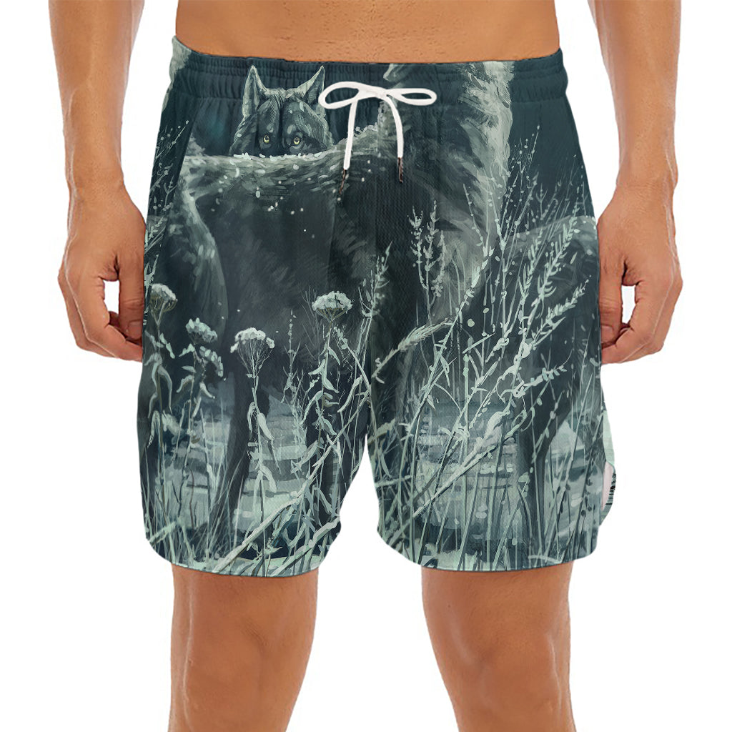 Howling Snowy Wolf Painting Print Men's Split Running Shorts