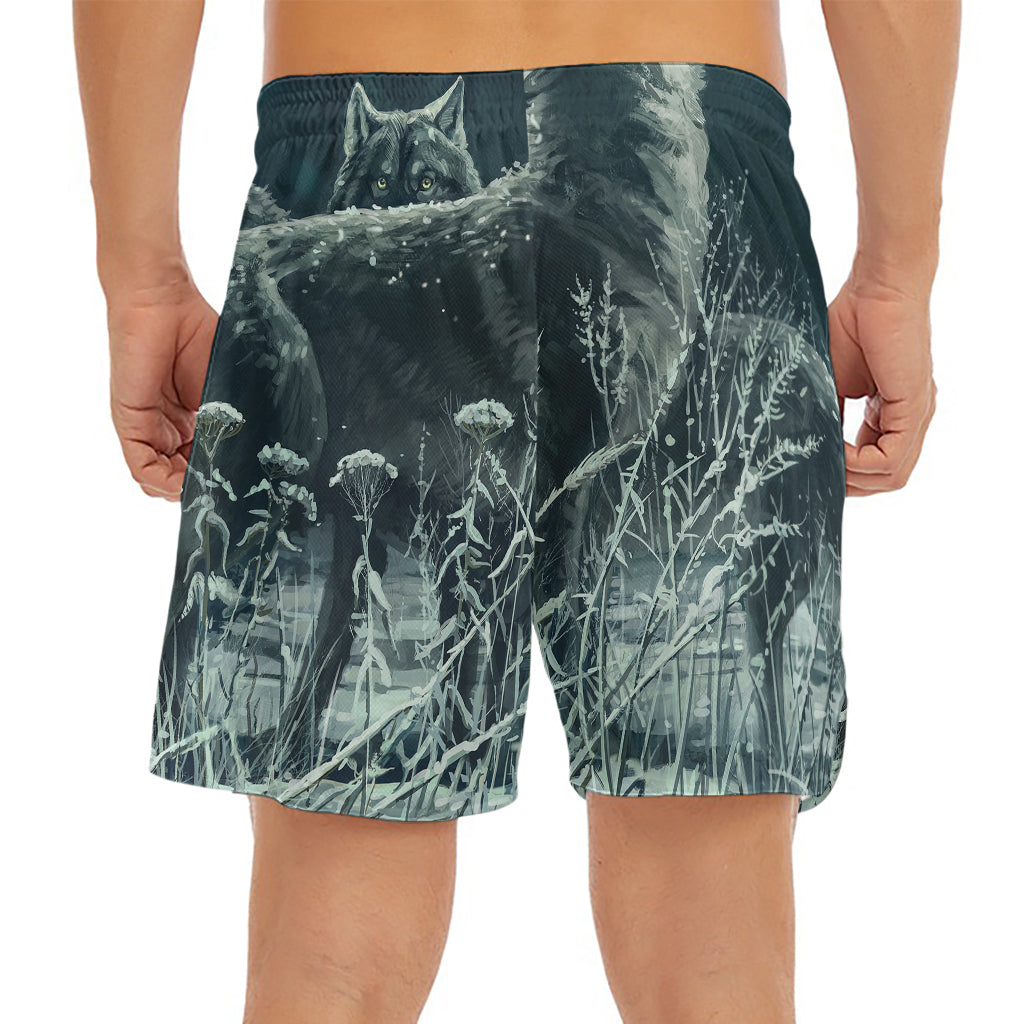 Howling Snowy Wolf Painting Print Men's Split Running Shorts