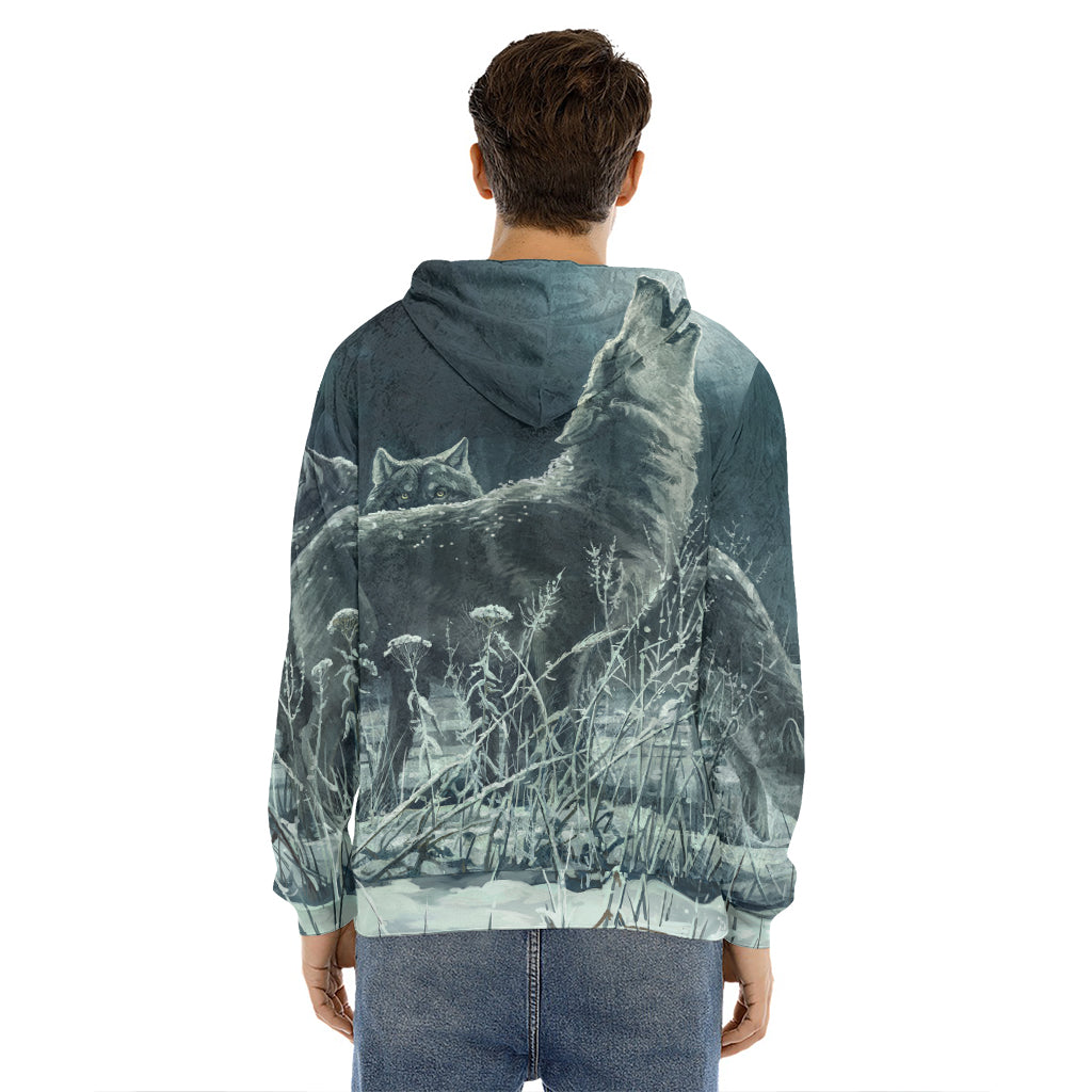 Howling Snowy Wolf Painting Print Men's Velvet Pullover Hoodie