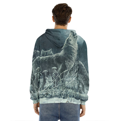 Howling Snowy Wolf Painting Print Men's Velvet Pullover Hoodie