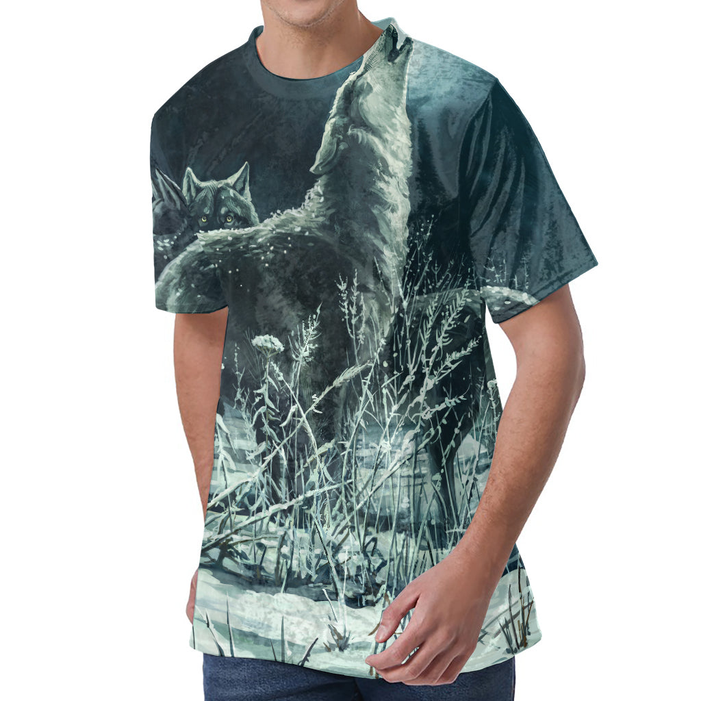 Howling Snowy Wolf Painting Print Men's Velvet T-Shirt