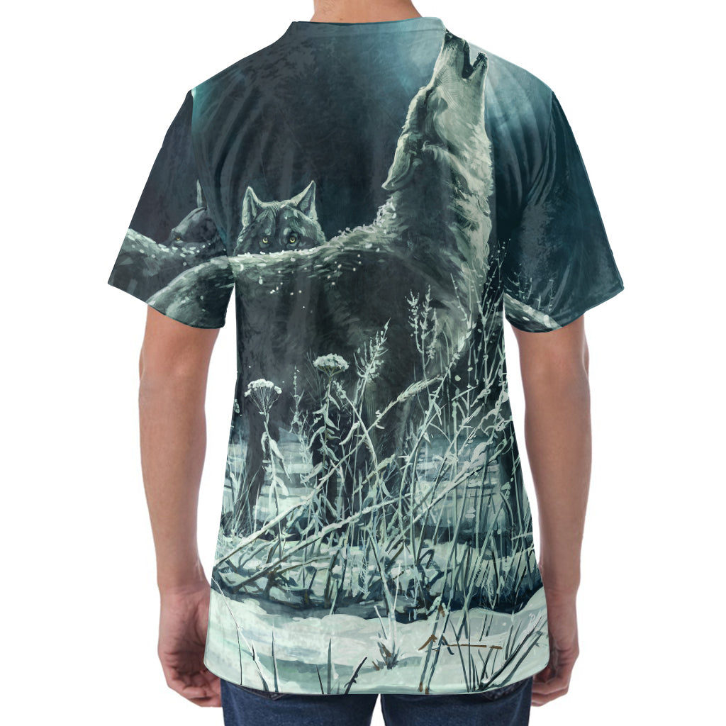 Howling Snowy Wolf Painting Print Men's Velvet T-Shirt