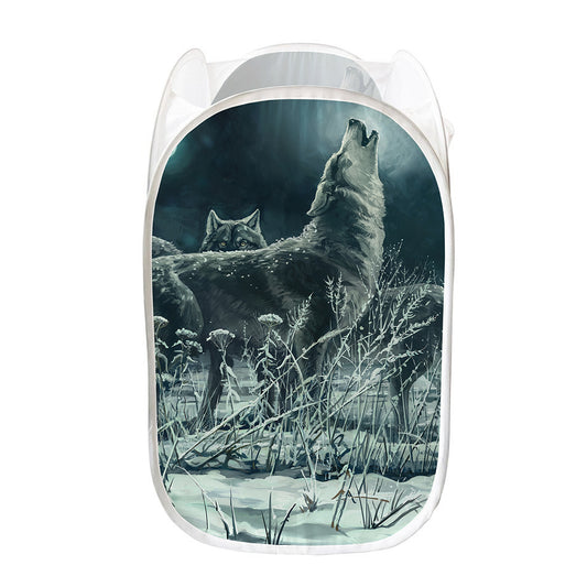Howling Snowy Wolf Painting Print Mesh Laundry Hamper