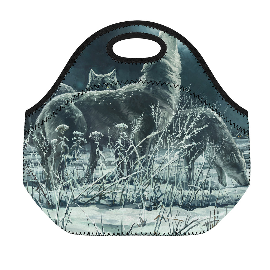 Howling Snowy Wolf Painting Print Neoprene Lunch Bag